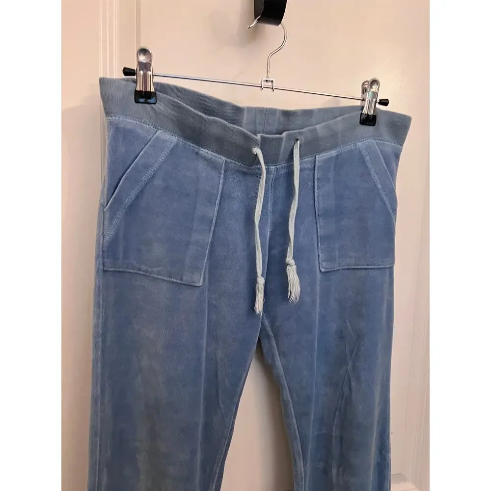 Vtg Y2K Juicy Couture Low Rise Blue Velour Flared Track Pants S Snap Pocket